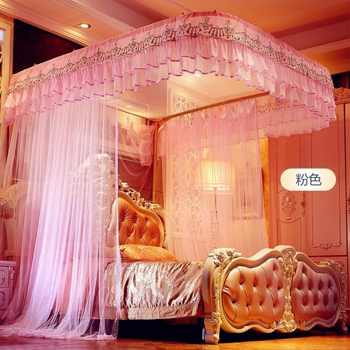 나뭇잎캐노피 사무실 이케아 침대 유럽식 보력 알루미늄 합금 가이드 레일 법원 모기장 U, 1908- 핑크 【YBE】, 1.5m 5 피트 침대