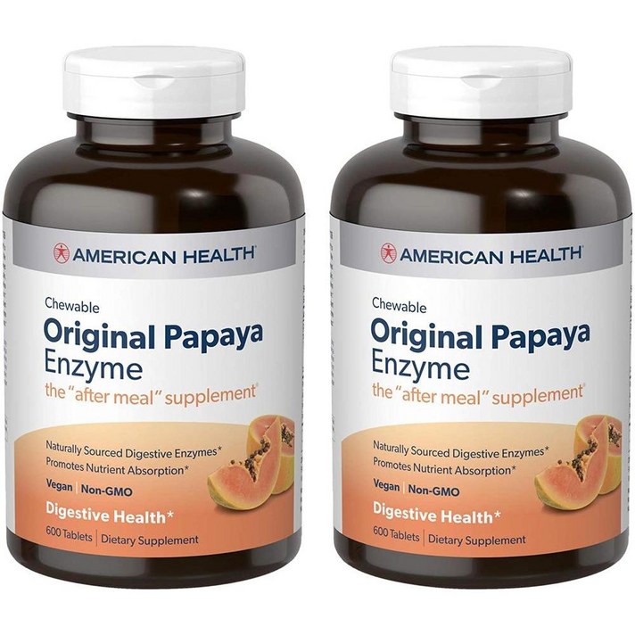 직수입 American Health Original Papaya 효소 씹을 수 있는 정제 2팩 - 영양소 흡수를 하고 소화를 돕다 - 글루텐 프리 채식주의자 - 600개 총, 1set, 상세참조