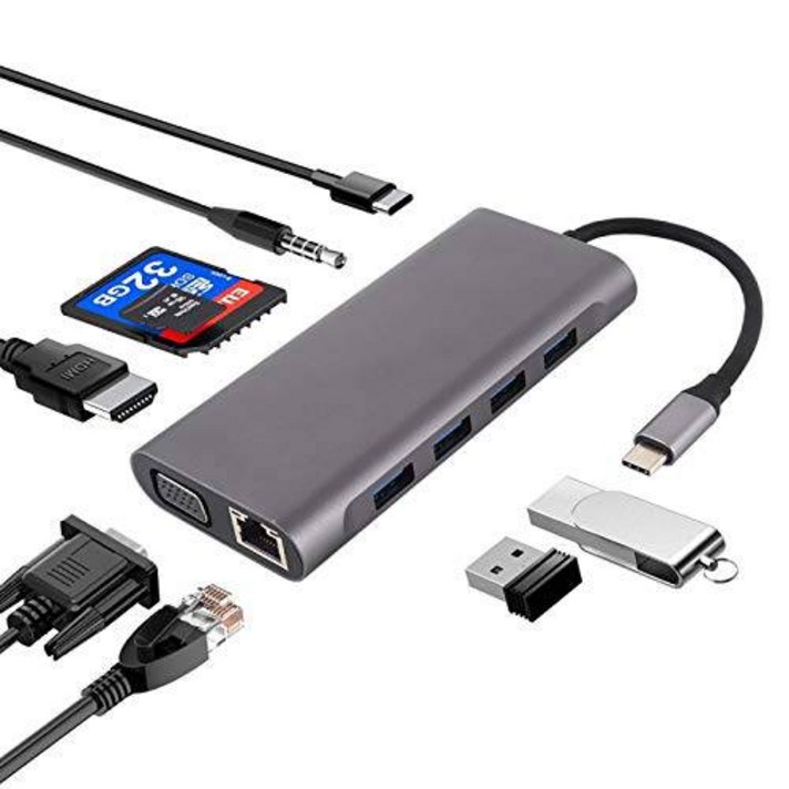 11 인 1 USBC Hub with 4 USB 기가비트 Ethernet VGA HDMI USB C with, 상세내용참조