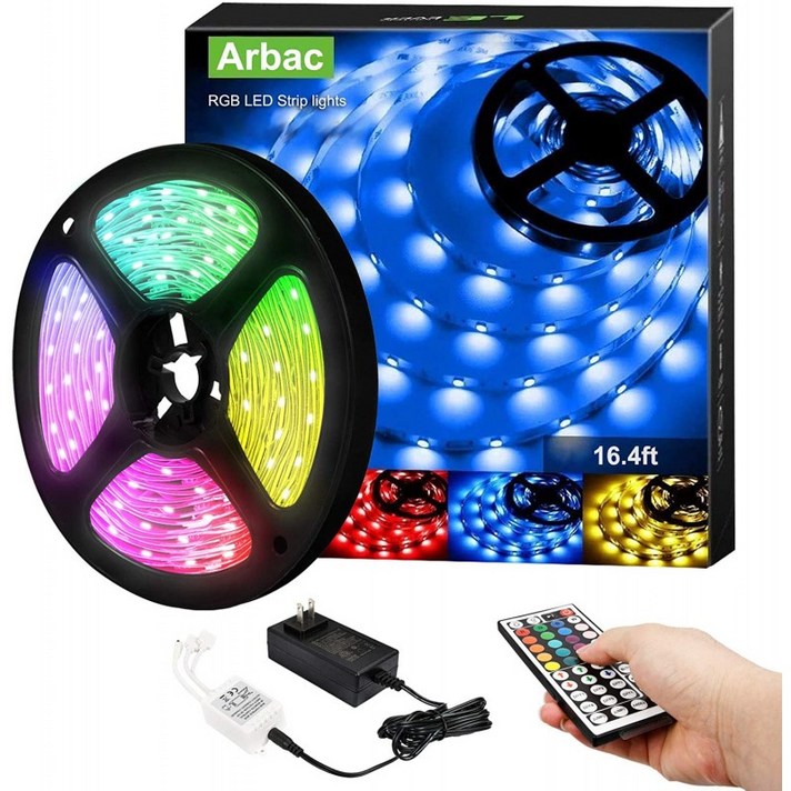 리모컨이 있는 Arbrac LED 스트립 조명 16.4ft RGB 5050 LED 색상 변경 라이트 스트립 키트 침실 방 TV 주방 및 홈 데코, 단일옵션