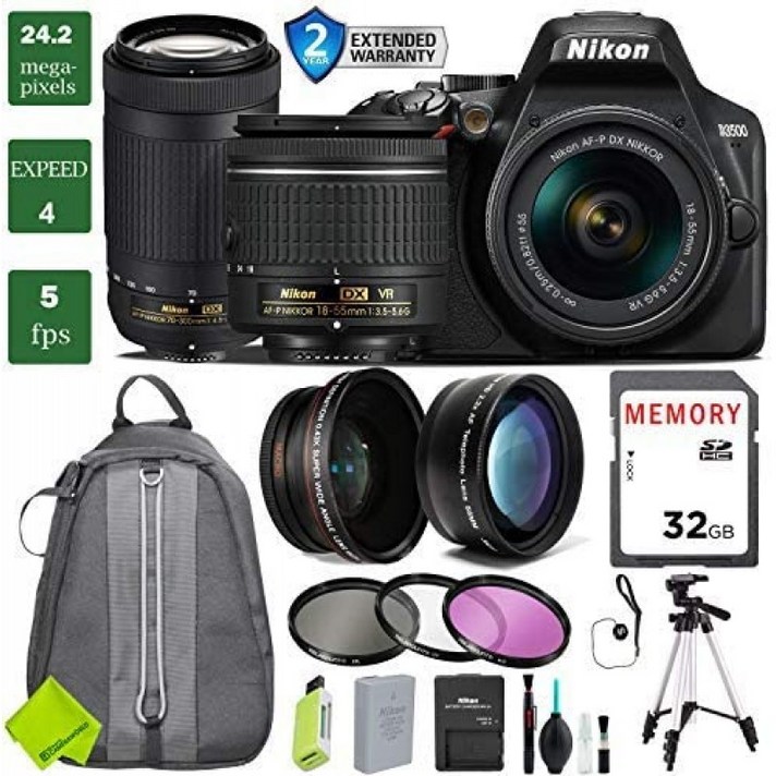 18-55mm 렌즈 번들 3 장착 니콘 D3500 DSLR 카메라(18-55mm VR & 니콘 70-300mm 확장 번들 2) : 카메라 & 사진, 단일옵션