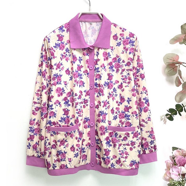 국민할매 할머니옷 국내생산 꽃무늬 코튼 배색 시보리  카라 가디건 KHG01 봄가을 요양원옷 중년 여성의류