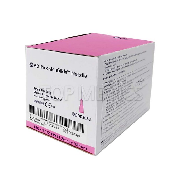 BD 주사침 18G 1-1/2 인치 멸균 일회용 주사바늘 100개입 여드름, 1개