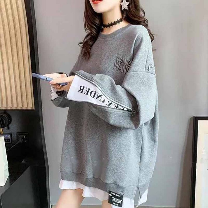 AOKADA 여성 레이어드 라운드 오버핏 맨투맨 티셔츠 여자 가을 트레이닝 츄리닝 상의