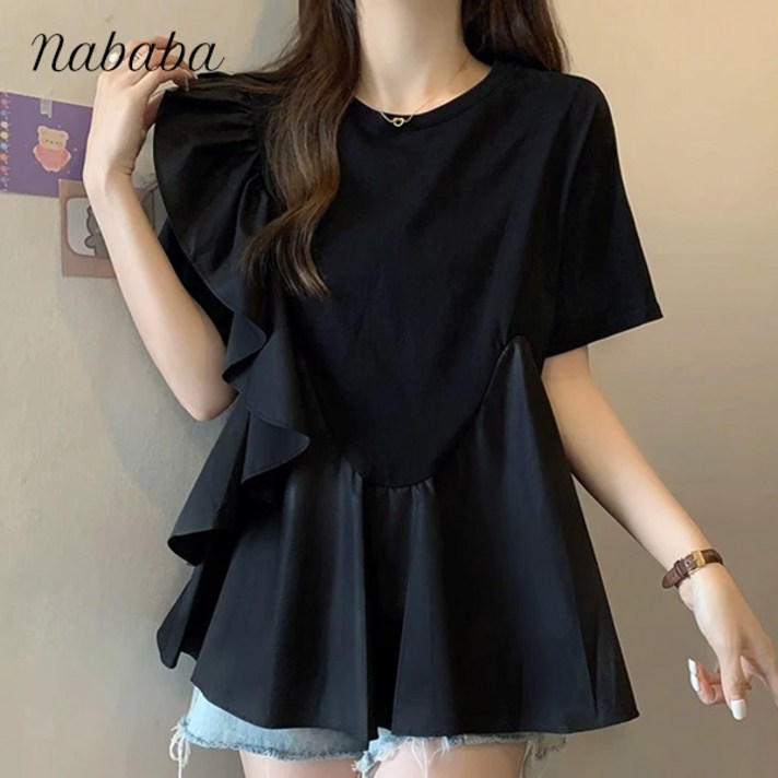 나바바 NT2363 여성 러블리 여릿핏 프릴 라운드넥 반팔 티셔츠