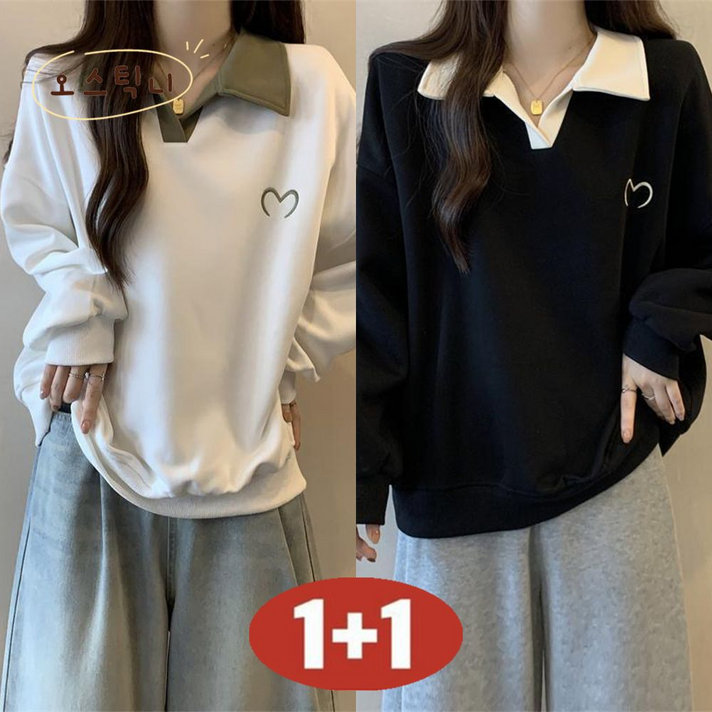 오스틱니완전 편한 100kg까지 빅사이즈 11 여성 봄가을 초특가 날씬해 보이는 셔츠 넥 디자인 감각 외출용 간절기 긴팔 맨투맨