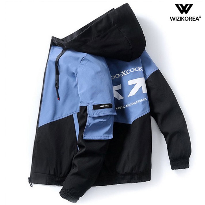 위즈아이 V배색 후드 봄자켓 남성 집업 점퍼 W073J+국내발송+양말증정