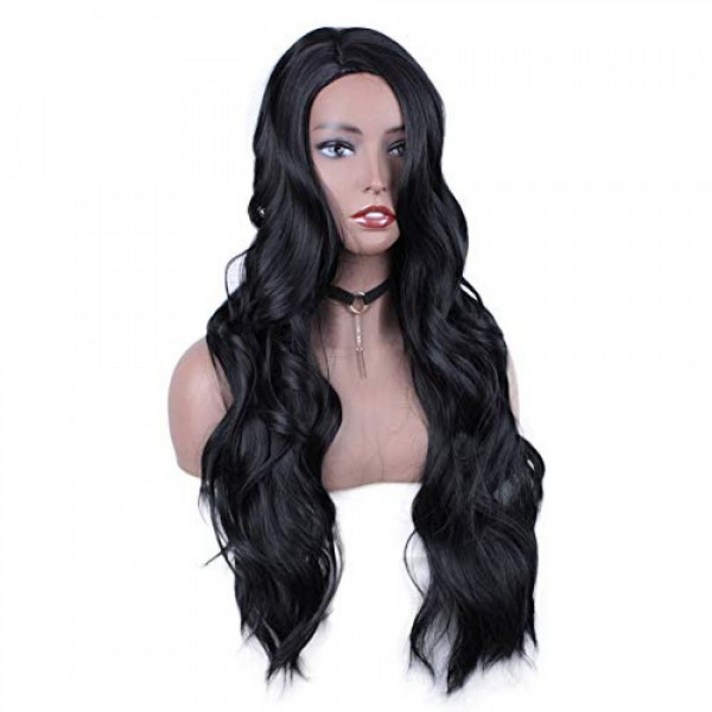 My Precious Long Black Wavy Wigs for Women Side Part Synthetic Hair Wig Natural