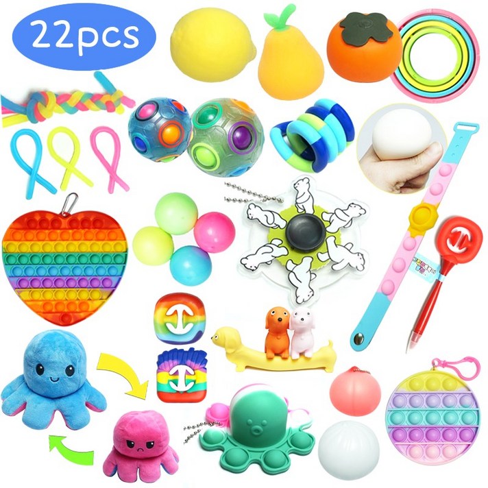 스위트데이 22pcs 피젯토이세트 뽁뽁이그립팝 레인보우루프 스트레치로프 탱글 실리콘팝잇 집콕놀이