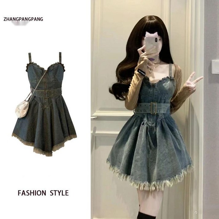 유니크 컷팅 여름 원피스 빅사이즈 데님 뷔스티에 미니 청원피스