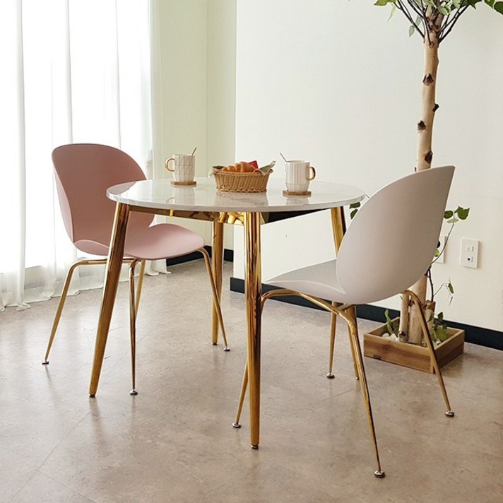 플레르가구 홈카페 인테리어 골드 원형 900 라운드 4인용 대리석 식탁, 원츠의자(핑크)