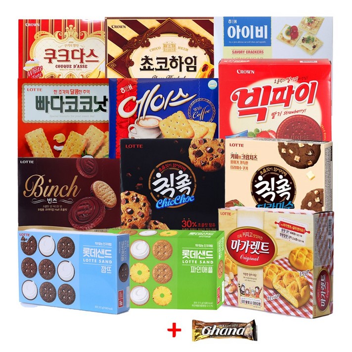 해태롯데크라운 인기곽과자 낱개포장상품 과자세트(12가지구성) 탕비실 간식, 1개, 12종