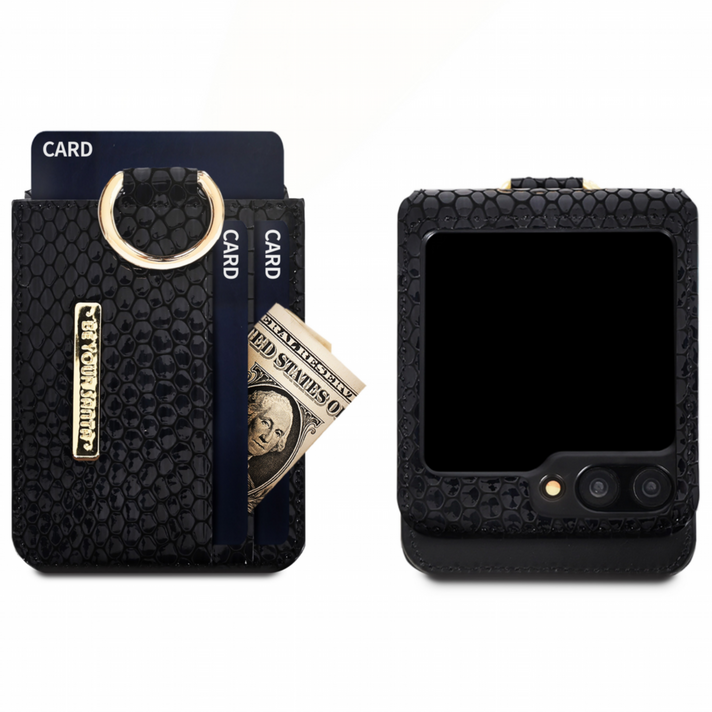 비유어산타 블랙맘바 갤럭시 Z플립 링 지갑 이태리가죽 힌지보호 카드 수납 휴대폰 케이스