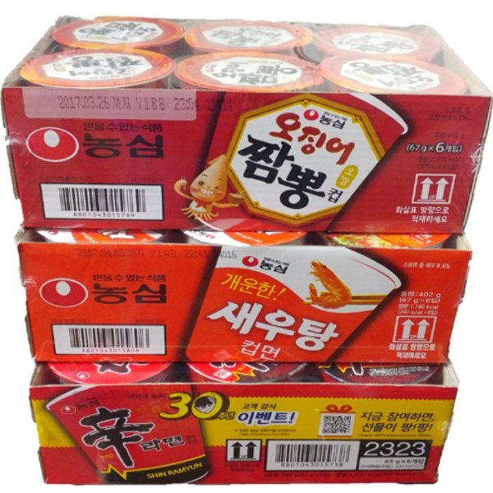 농심 컵라면 3종 세트, 18개, 신라면컵6개+새우탕컵6개+오징어짬뽕컵6개