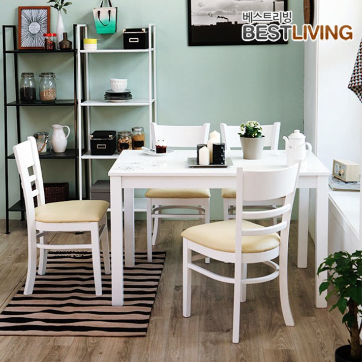 베스트리빙 캘빈화이트4인하이그로시식탁+캘빈화이트의자4개 식탁세트, 화이트