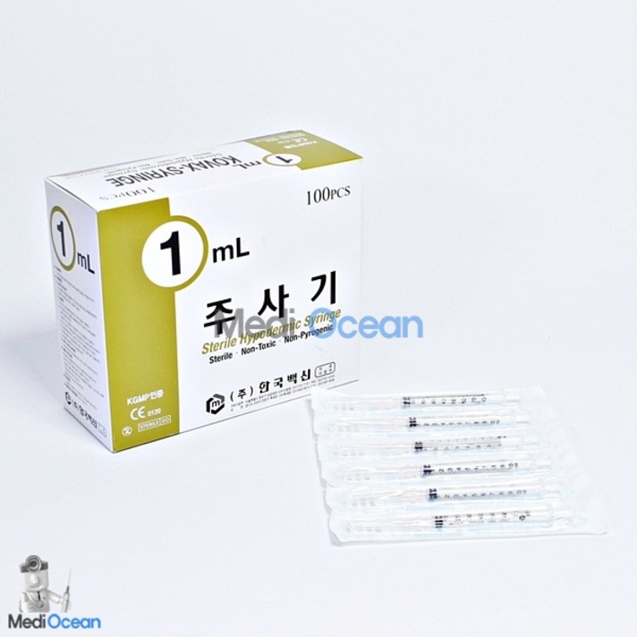 한국백신 일회용주사기(D/Syringe) 1cc 26G 1/2inch 단위:박스(100, 1개