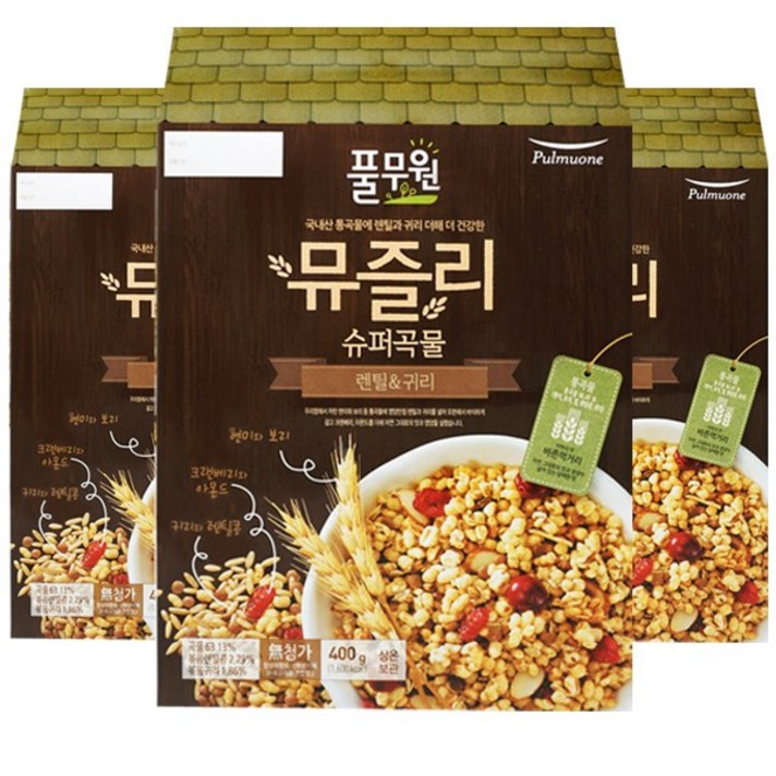풀무원 슈퍼곡물 렌틸 귀리 뮤즐리, 400g, 3개