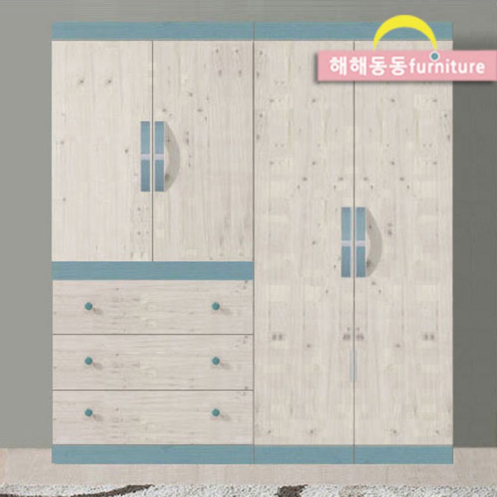 해해동동 퍼시픽1600옷장세트(6)(3서랍옷장+긴문장) 옷장, 블루