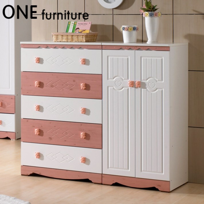원퍼니처 해피클레스3자5단서랍장+옷장(세트) 아동서랍장/수납장, 핑크워시