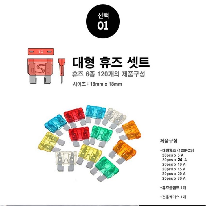 차량용 소형 휴즈 세트 대형 120p 차량 전압 장치 소형휴즈 퓨즈 퓨즈홀더 휴즈홀더 배선정리대형퓨즈 소형퓨즈 대형휴즈, 1번