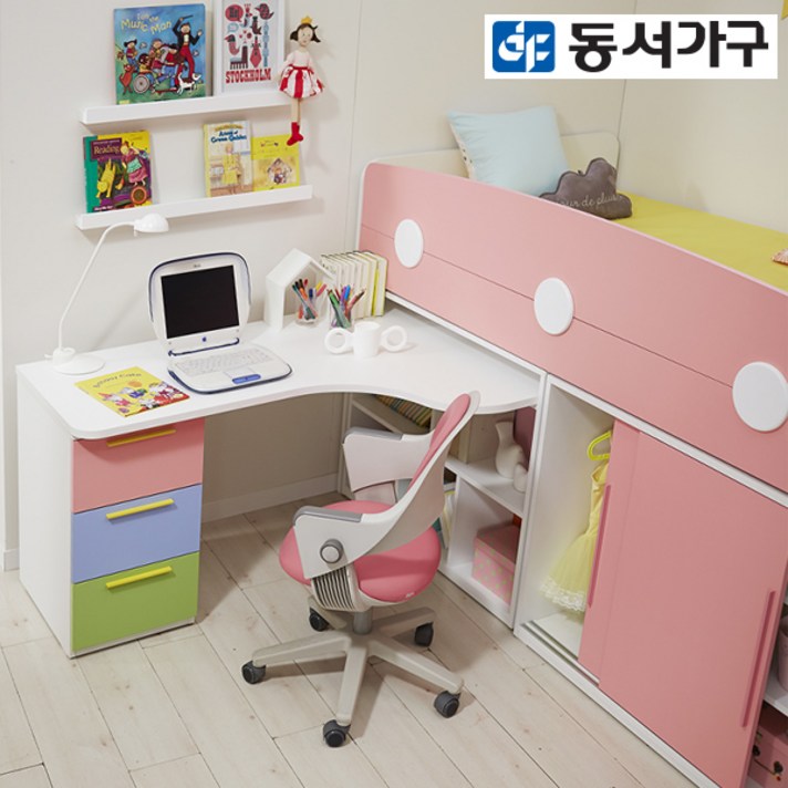 동서가구 에팡 벙커침대+수납계단+2000가드+미니h형책상세트+슬라이딩옷장+슈퍼싱글 매트리스 DF637859, 핑크