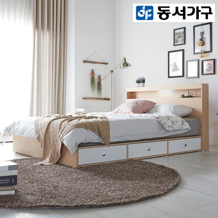 동서가구 LV 레인 LED 1단수납 슈퍼싱글침대&퀸침대 (매트리스 선택), 메이플화이트콤비