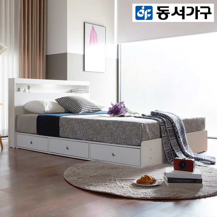 동서가구 LV 레인 LED 1단수납 슈퍼싱글침대&퀸침대 (매트리스 선택), 화이트