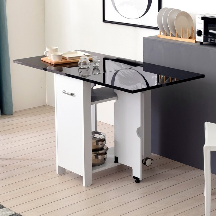 스킬디자인 하이그로시 뉴600 접이식테이블 의자미포함 아일랜드식탁, 블랙