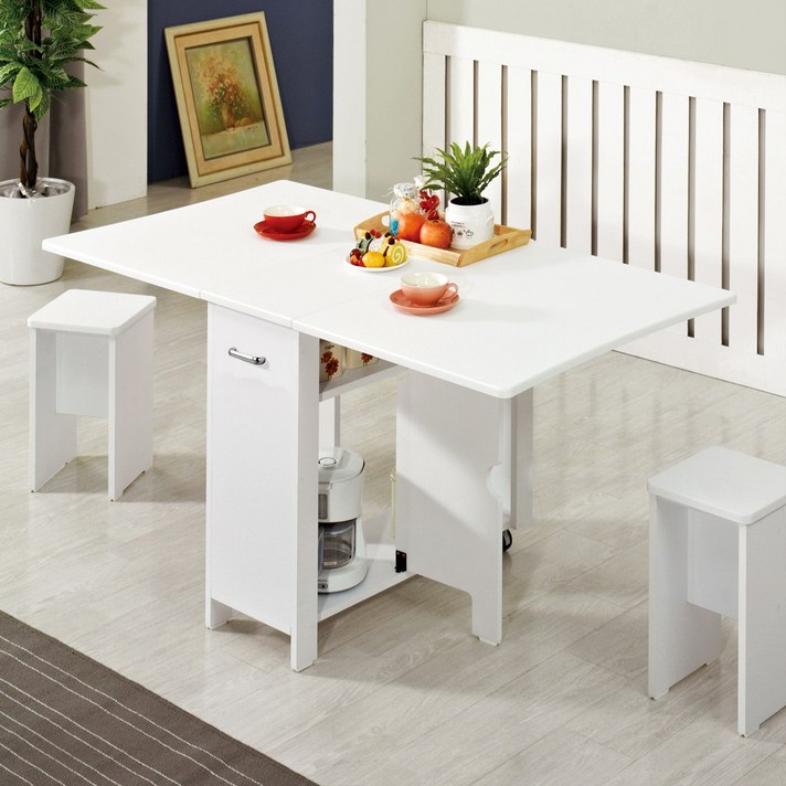 스킬디자인 멤브레인 헤드폴딩 접이식테이블+의자2개 식탁세트 접이식식탁, 화이트+스툴의자2개포함