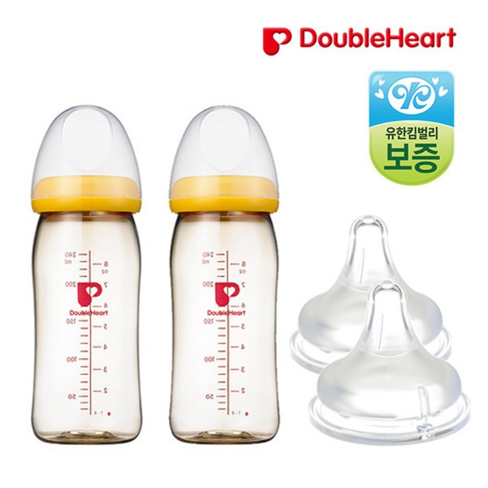 더블하트 신 모유실감 PPSU 240ml 트윈팩+소프트터치 젖꼭지(SS/S/M/L/LL) 젖병, 상세 설명 참조, 선택:PPSU 240ml 트윈팩+젖꼭지 S 2P