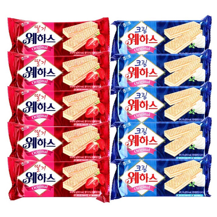 해태제과 해태 웨하스 딸기 50gx5개+크림 50gx5개 묶음, 50g, 1세트