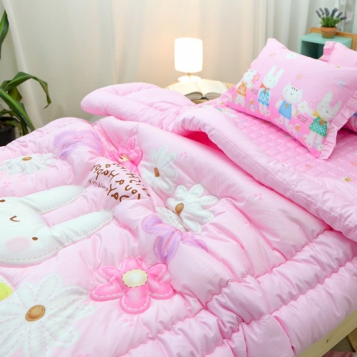 이블랑 순면 아동이불세트, 단추토끼 핑크