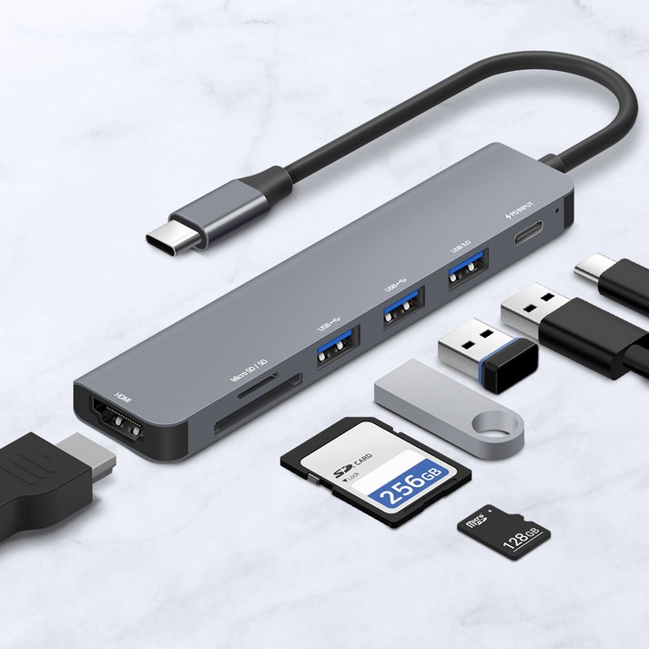 홈플래닛 7포트 USB3.0 멀티허브 DEX미러링 (USB*3 타입C HDMI SD/MSD) / HUB7C-L