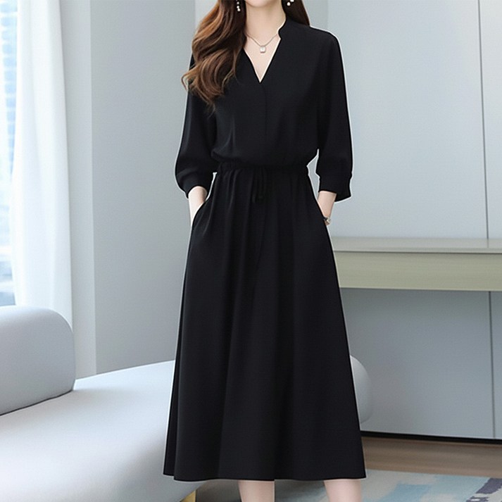 페이릿 여성용 빅사이즈 데일리 허리스트링 브이넥 원피스
