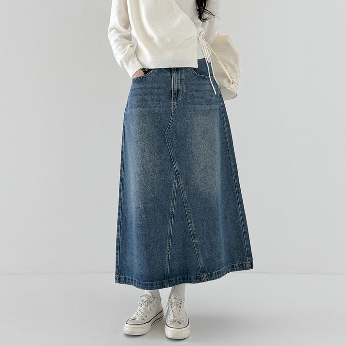 라라온 기본/숏 기장 2단 빈티지 워싱 A라인 롱 데님 스커트 25TSP3373