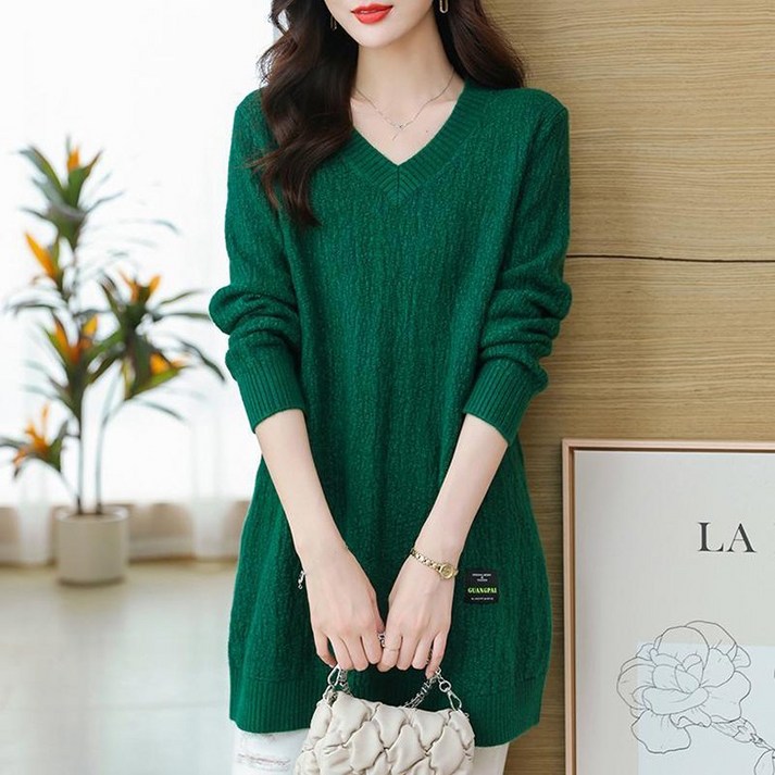 가을겨울 브이넥 스웨터 루즈핏 무지 데일리 베이직 여성용 박시 롱니트 레이어드 이너티