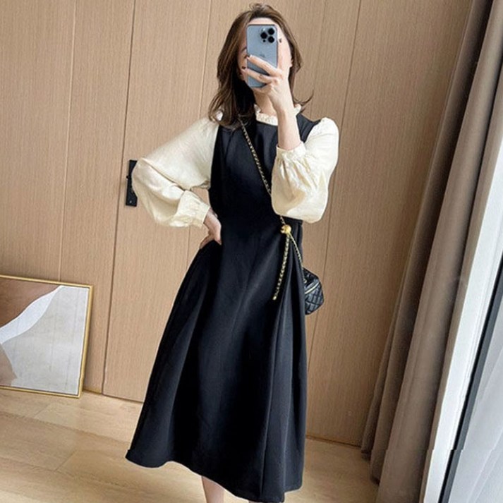 ORZQU 가을 여성 트리밍넥 끈 박시 캐주얼 원피스