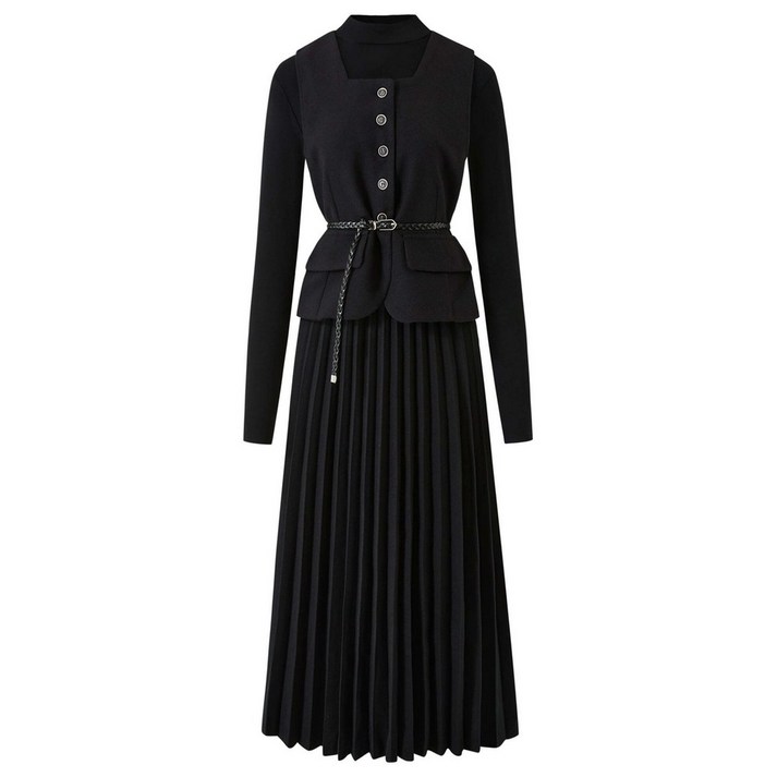 미니멈에브리데이 미니멈 에브리데이 벨티드 버튼 베스트 플리츠 원피스 셋업 EB4OW011D