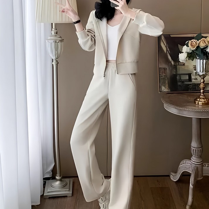 TIMEPURE 여성용 봄가을 프리미엄 슬림핏 팬츠 세트 후드집업 와이드 팬츠 스포츠 투피스 상하의 세트 빅사이즈 데일리