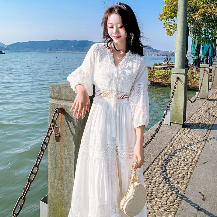 BOONINT  여름원피스 여성 레이스 롱 원피스 A라인 휴양지 빅사이즈 원피스 봄 여름 화이트 면 프랑스식 퍼프 소매 브이넥 오버핏 리본 비치웨어 원피스 BN042124