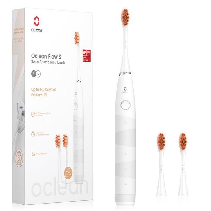 한정특가 28900원 오클린 Oclean Flow 음파전동칫솔본체칫솔모 3개 1년 2번만 충전 분당 76000회 IPX7방수