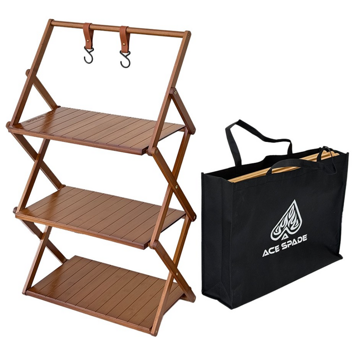 에이스스페이드 캠핑 3단 폴딩 우드릭 쉘프 선반 + 레더후크 2P+수납가방, 다크우드