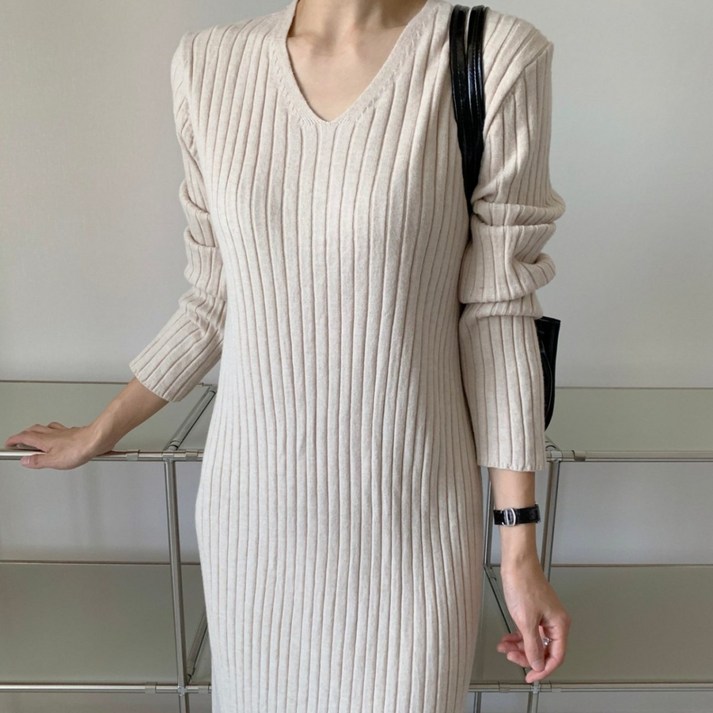 요정 베이직 골지 브이넥 니트 원피스/3color/허리끈포함