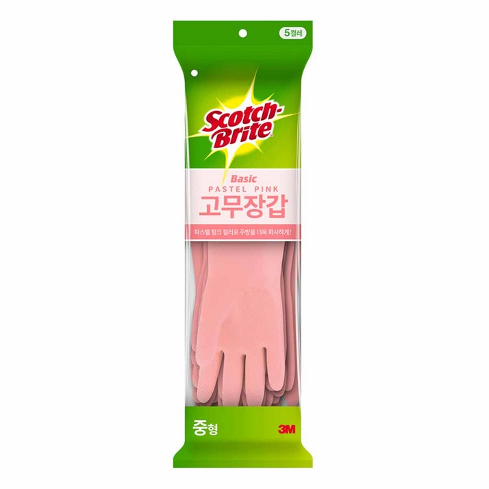 스카치브라이트 베이직 고무장갑 5p, 파스텔핑크, 중(M), 1개