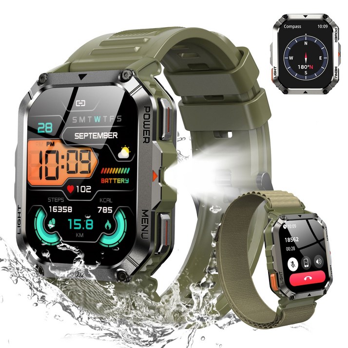 IOWODO W70 Pro 아웃도어 스마트워치 2.01인치 대형 화면 방수 먼지충격 방지 나침반 손전등 기능, 블루투스, 4.1cm, 아미 그린