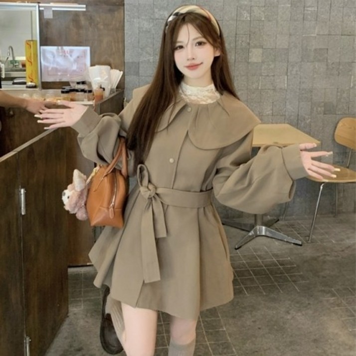 러블리 핀턱카라 트렌치코트 / 여성 A라인 벨트 미니자켓 원피스핏 코트