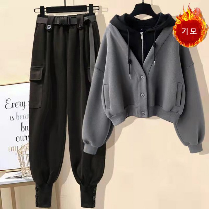 여성 가을 겨울 후드 세트 루즈핏 상의 아우터 카고 바지 투피스 슬림소녀