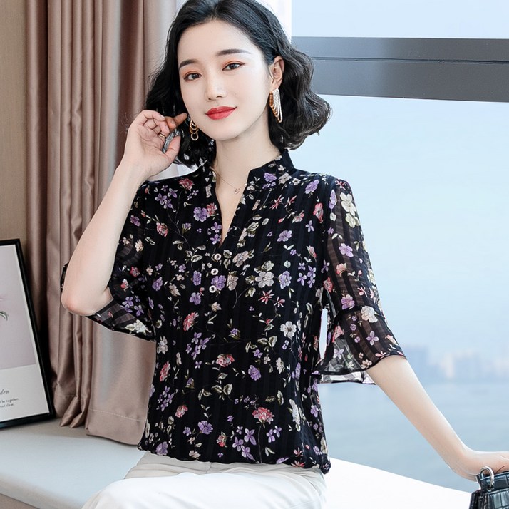 반팔셔츠 여름 여성 부스지다 꽃블라우스 상의 와이드 루즈핏 고퀄리티블라우스 1158384309