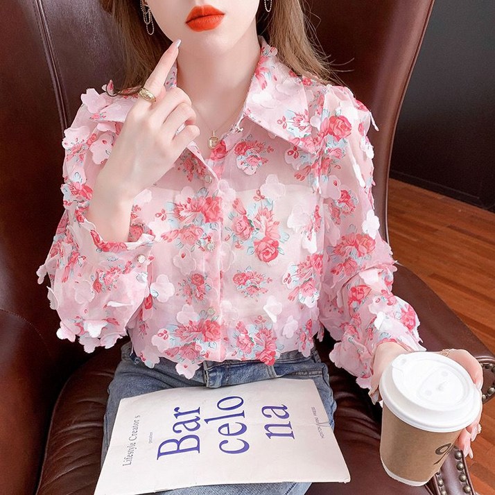 플라워 입체 플라워 쉬폰 블라우스 여성 봄가을 패션 신상 칼라로 기품 있어 보이는 슬림한 상의
