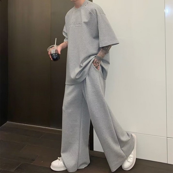 WEIHAN 남성 오버 루즈 여름 시원한 반팔 츄리닝 셋업 와이드 팬츠 캐주얼 데일리룩